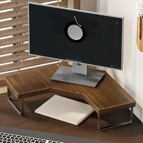 Corner Monitor Riser for Desk, Wooden Triangular Computer Stand with Metal Legs, Space-Saving Desktop Riser, Ergonomic Computer Monitor Stand for Home, Office, Desk Organizer (Brown, Large) in Kuwait