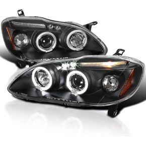 SPEC-D TUNING Halo LED Smoke Lens Glossy Black Housing Projector Headlights Compatible with 2003-2008 Toyota Corolla, Left + Right Pair Headlamps Assembly in Kuwait