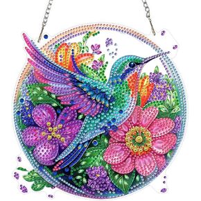 QENSPE Blue Bird Diamond Art Hanging Kits for Adults, 5D Special Shape Diamond Paingting Ornaments Kits with Chain, DIY Flowers Crystal Window Pendants for Home Garden Wall Decor Double Sided 8X8 inch in Kuwait