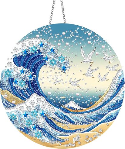 Hanging Diamond Art Kits for Adults Spring Summer Waves - 8x8 Inch Double-Sided Acrylic Board DIY Crystal Diamond Suncatcher Pendant, Sparkling Home Wall or Window Decoration Handmade Gift in Saudi Arabia