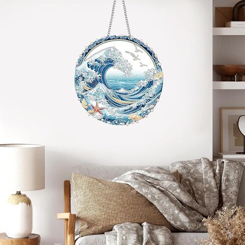 Hanging Diamond Art Kits for Adults Spring Summer Waves - 8x8 Inch Double-Sided Acrylic Board DIY Crystal Diamond Suncatcher Pendant, Sparkling Home Wall or Window Decoration Handmade Gift in Saudi Arabia