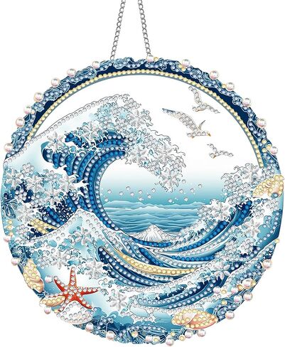 Hanging Diamond Art Kits for Adults Spring Summer Waves - 8x8 Inch Double-Sided Acrylic Board DIY Crystal Diamond Suncatcher Pendant, Sparkling Home Wall or Window Decoration Handmade Gift in Saudi Arabia