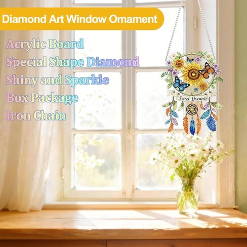 CEOVR Dreamcatcher Hanging Diamond Art for Adults, Sunflower Diamond Painting Pendant DIY Gem Art Wall Hanging Ornament, Acrylic Home Garden Decor with Chain, Box Kit 5.75×7.8inch in Kuwait