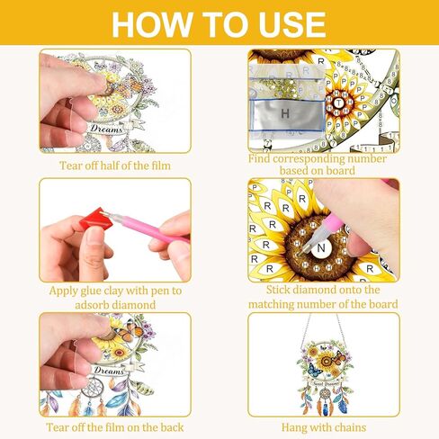 CEOVR Dreamcatcher Hanging Diamond Art for Adults, Sunflower Diamond Painting Pendant DIY Gem Art Wall Hanging Ornament, Acrylic Home Garden Decor with Chain, Box Kit 5.75×7.8inch in Kuwait