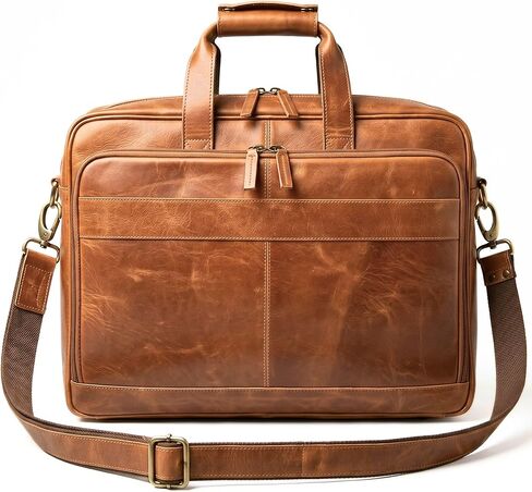 Genuine Leather Briefcase for Men, 15.6 Inch Laptop Business Work Bag with Luggage Strap, Vintage Brown in Saudi Arabia