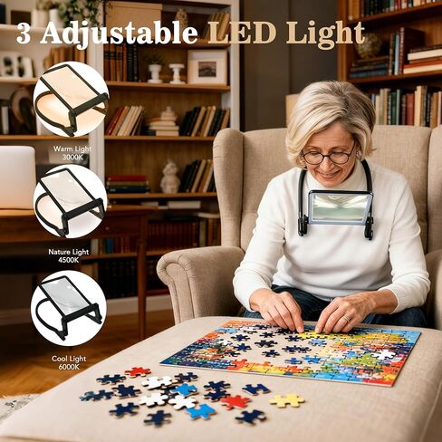 Magnifying Glass with Light for Reading,Hands Free Page Reading Magnifier for Books with 3 Color Dimmable, Neck Wear Large Screen Stand Glasses for Close Work Seniors Low Vision Rechargeable in Kuwait