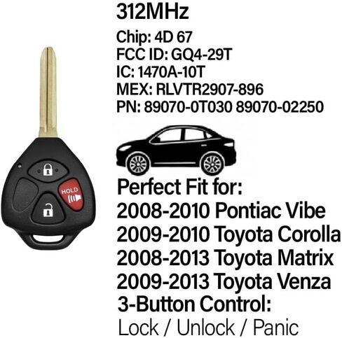 Car Key Fob Remote Keyless Entry Control GQ4-29T 312MHz 3 Button Replacement for 2008 2009 2010 2011 2012 2013 Toyota Corolla Matrix Venza Pontiac Vibe - 2 Pack in Kuwait