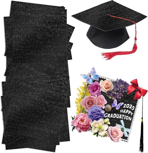 Qumenan 24 Sheets Graduation Cap Decorations Black Glitter Cardstock Blank Graduation Cap Topper Shimmer Grad Toppers for Cap 9x9 Inches 250 GSM for DIY Grad Cap in Saudi Arabia