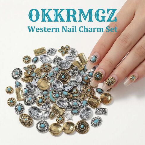 50Pcs Western Nail Charms Turquoise Bangle Metal Jewelry Charm for Nails Tiny Bulk Colorful Rock Retro Bohemia Alloy Totem 3D Marble Gems Manicure DIY Accessories in Saudi Arabia