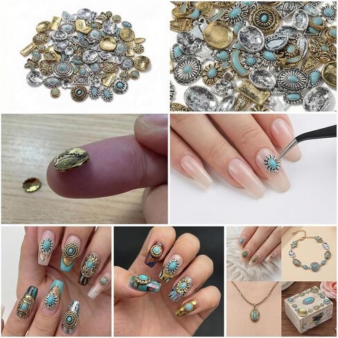 50Pcs Western Nail Charms Turquoise Bangle Metal Jewelry Charm for Nails Tiny Bulk Colorful Rock Retro Bohemia Alloy Totem 3D Marble Gems Manicure DIY Accessories in Saudi Arabia