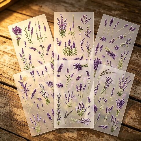 6 Sheets Lavender Floral Stickers, Clear PET Waterproof Botanical Decals, Vintage Flower Stickers for Scrapbooking Journaling Craft Decoration in Kuwait