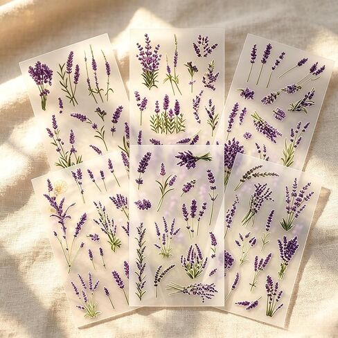 6 Sheets Lavender Floral Stickers, Clear PET Waterproof Botanical Decals, Vintage Flower Stickers for Scrapbooking Journaling Craft Decoration in Kuwait