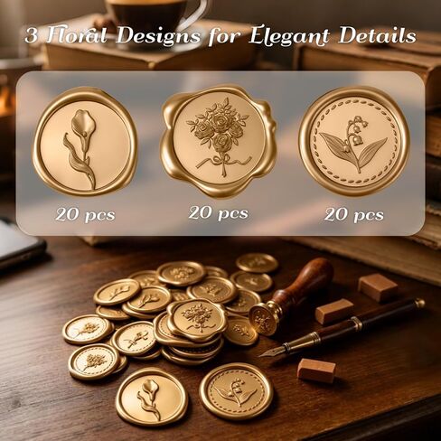 60PCS Floral Wax Seal Sticker Set for Wedding Invitations, Self Adhesive Envelope Seal Stickers with Lily of the Valley, Calla Lily and Bouquet Designs for Cards, Gifts and Envelopes (Gold) in Saudi Arabia