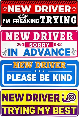 4 PCS Student Driver Magnetic Car Sticker, Funny Reflective New Driver Magnet Decal Safety Sign Set, Removable Novice Rookie Safety Attention Sign Sticker for Car Bumper in Saudi Arabia