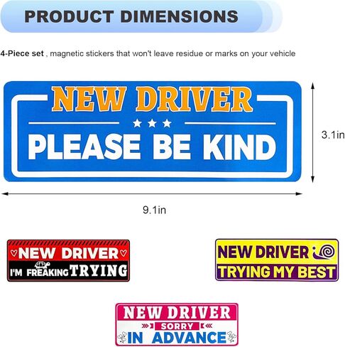4 PCS Student Driver Magnetic Car Sticker, Funny Reflective New Driver Magnet Decal Safety Sign Set, Removable Novice Rookie Safety Attention Sign Sticker for Car Bumper in Saudi Arabia