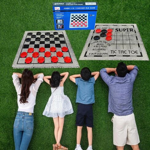 مجموعة ألعاب Yuanhe Gaint Checkers - كبيرة 3 في 1 لعبة الداما بما في ذلك تيك تاك تو مع سجادة ذات وجهين، ألعاب ساحة داخلية وخارجية للعائلة in Kuwait