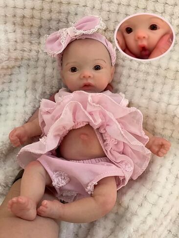 10inch Cute Can Open Mouth Reborn Baby Doll Full Body Silicone Girl Anatomically Correct Newborn Dolls with Dress in Kuwait