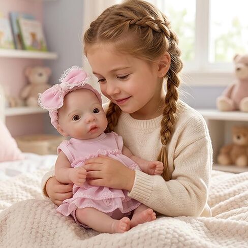 10inch Cute Can Open Mouth Reborn Baby Doll Full Body Silicone Girl Anatomically Correct Newborn Dolls with Dress in Kuwait