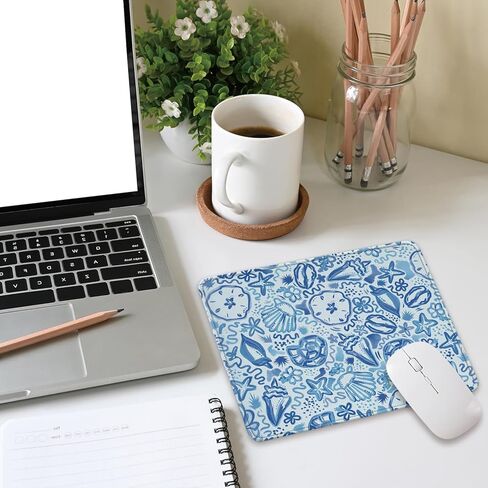 Blue Coastal Beach Mouse Pad, Vintage Summer Shell Mouse Pads, Non-Slip Mousepad Gift, Cute Blue Coastal Mouse Mat Desk Accessories for Computer Desk Home Office, 7.9x9.5 Inches in Kuwait