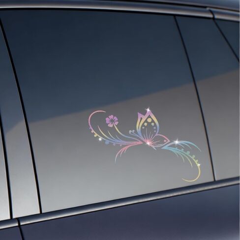 Bling Flower Butterfly Car Sticker Decal, Vinyl Waterproof Rainbow Car Window Bumper Sticker, Universal Fashionable Auto Decoration Glittery Decal for Wall, Laptop, Luggage (Colorful) in Saudi Arabia