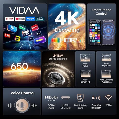 جهاز عرض ذكي 4K [VIDAA Live TV & 36W Dolby & Voice Control] مع WiFi6 وبلوتوث، جهاز عرض قصير المدى متوافق مع Netflix، التركيز التلقائي AI، HDR10، جهاز عرض المسرح المنزلي للأفلام الخارجية in Kuwait