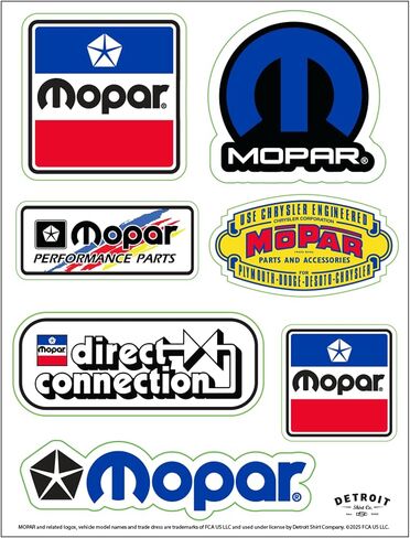 Mopar Historical Logo Sticker Sheet – 7 Assorted Vinyl Decals, 6" x 8", Made in USA in Kuwait