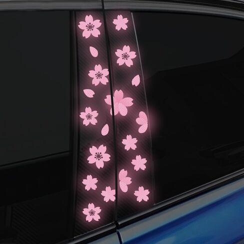 High Intensity Reflective Flower Car B-Pillar Sticker Self-Adhesive Cherry Blossom Center Pillar Decal Waterproof Vinyl Decal DIY Car Window Bumper Decor (Pink) in Saudi Arabia