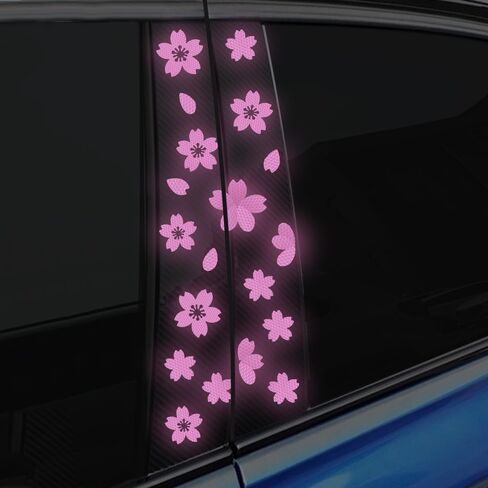 High Intensity Reflective Flower Car B-Pillar Sticker Self-Adhesive Cherry Blossom Center Pillar Decal Waterproof Vinyl Decal DIY Car Window Bumper Decor (Pink) in Saudi Arabia