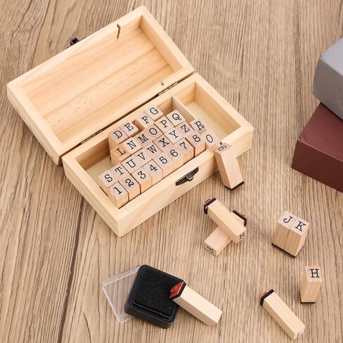 36pcs Wooden Rubber Alphabet Stamps, Mini Cute Letter Stamps with Wooden Storage Box & Ink Pad, Alphabet Stamp Set for DIY Craft Scrapbooking Painting Card Making in Kuwait