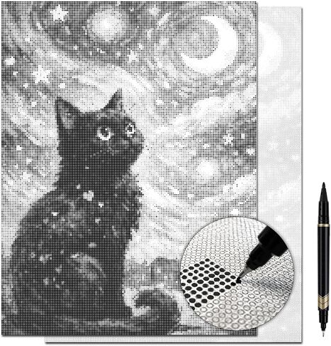 On The Dot Art - مجموعة الرسم المنقطة للبالغين | قماش Starry، Starry Gato Black Cat & Moon مقاس 13 × 17 مع قلم تحديد مزدوج | نشاط فني مريح بديل للرسم الماسي | بدون قطع صغيرة، بدون فوضى، هدية رائعة in Kuwait