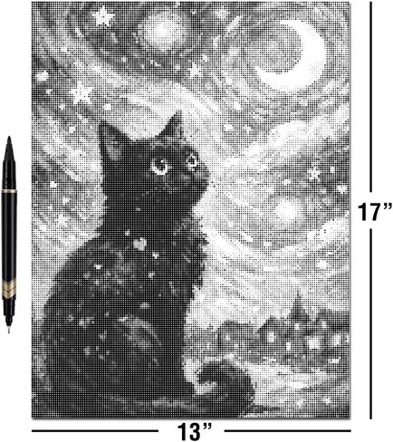On The Dot Art - مجموعة الرسم المنقطة للبالغين | قماش Starry، Starry Gato Black Cat & Moon مقاس 13 × 17 مع قلم تحديد مزدوج | نشاط فني مريح بديل للرسم الماسي | بدون قطع صغيرة، بدون فوضى، هدية رائعة in Kuwait