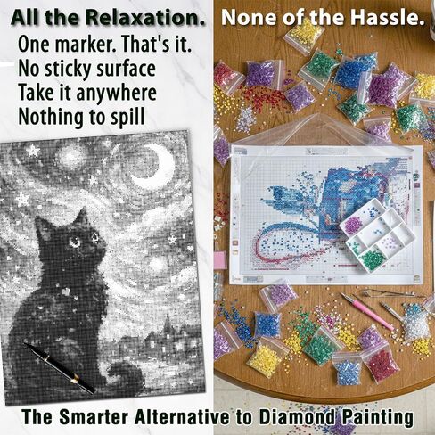 On The Dot Art - مجموعة الرسم المنقطة للبالغين | قماش Starry، Starry Gato Black Cat & Moon مقاس 13 × 17 مع قلم تحديد مزدوج | نشاط فني مريح بديل للرسم الماسي | بدون قطع صغيرة، بدون فوضى، هدية رائعة in Kuwait