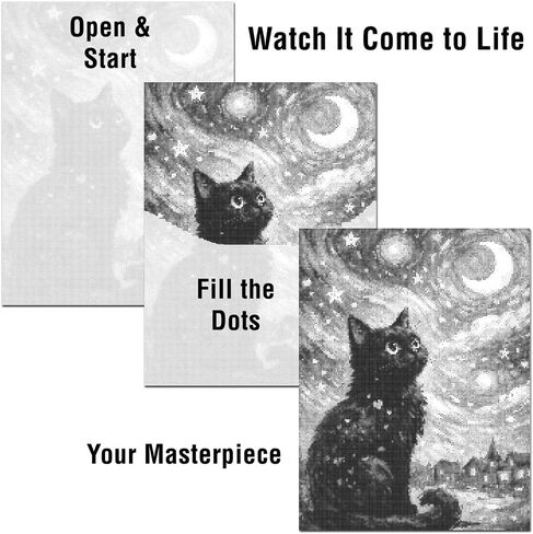 On The Dot Art - مجموعة الرسم المنقطة للبالغين | قماش Starry، Starry Gato Black Cat & Moon مقاس 13 × 17 مع قلم تحديد مزدوج | نشاط فني مريح بديل للرسم الماسي | بدون قطع صغيرة، بدون فوضى، هدية رائعة in Kuwait