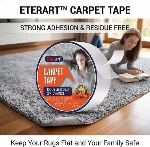 Double Sided Carpet Tape Heavy Duty for Area Rugs,Tile Hardwood Floors,Over Carpet,Rug Tape High Adhesive and Removable,Strong Sticky Tape,Residue Free,2 Inches x 10 Yards,White in Saudi Arabia