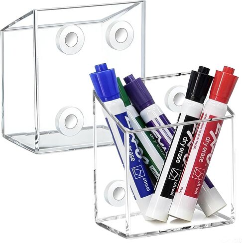 2 Pack Magnetic Marker Holder, Clear Acrylic Pen Pencil Storage Cup Organizer for Whiteboard, Refrigerator, Locker, or Any Iron-containing Metal Surfaces in Saudi Arabia