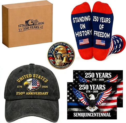 USA 250th Anniversary Merchandise Gift Set – 250 Anniversary USA Hat, 250th Socks, Anniversary Commemorative Coin & 250th Car Magnet – America 250 Merchandise Patriotic Souvenir in Saudi Arabia