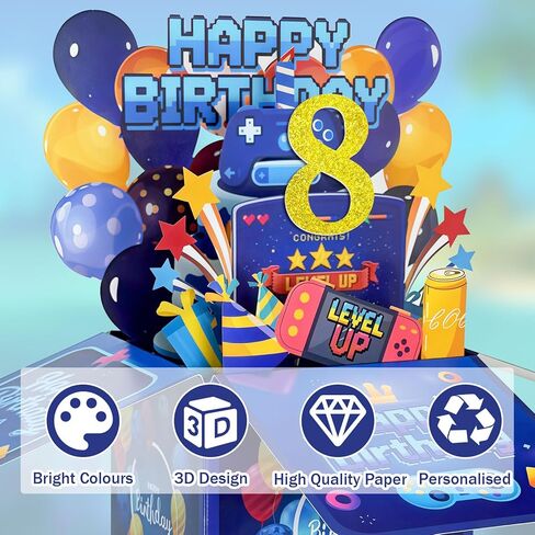 8th Birthday Card Boy, 8 Year Old Birthday Card for Grandson Son Brother Nephew, 3D Pop Up Video Gaming Birthday Greeting Cards, Happy Birthday Decoration Gifts with Notecard & Envelope in Saudi Arabia