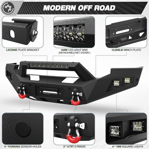 مجموعة المصد الأمامي + الخلفي F250 لسيارة Ford F250/F350/F450 بيك اب 2005-2007، تتضمن لوحة ونش ومصابيح LED وأضواء لوحة الترخيص وحلقات على شكل حرف D in Kuwait