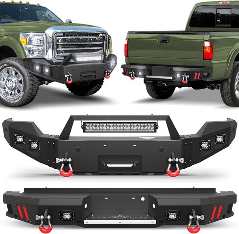 مجموعة المصد الأمامي + الخلفي F250 لسيارة Ford F250/F350/F450 بيك اب 2005-2007، تتضمن لوحة ونش ومصابيح LED وأضواء لوحة الترخيص وحلقات على شكل حرف D in Kuwait