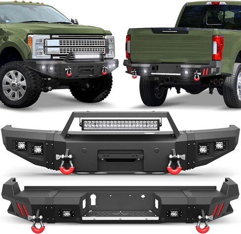 مجموعة المصد الأمامي + الخلفي F250 لسيارة Ford F250/F350/F450 بيك اب 2005-2007، تتضمن لوحة ونش ومصابيح LED وأضواء لوحة الترخيص وحلقات على شكل حرف D in Kuwait