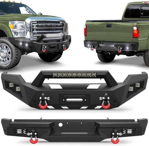 مجموعة المصد الأمامي + الخلفي F250 لسيارة Ford F250/F350/F450 بيك اب 2005-2007، تتضمن لوحة ونش ومصابيح LED وأضواء لوحة الترخيص وحلقات على شكل حرف D in Kuwait