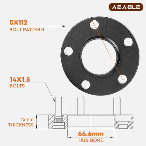 Aeagle 15 مم Hubcentric 5x112 فواصل العجلات 14x1.5 محور تتحمل 66.6 مم لـ E200 E250 E300 C200 C250 Matic A5 S5 A6 S6 A7 A8، قطعتين من الألومنيوم المطروق in Kuwait