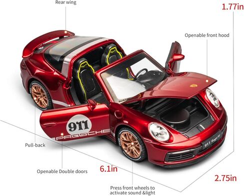 1：32 911 Targa 4S Diecast Cars, Pull Back Toy Car with Light & Sound, Perfect Model Presents for Kids & Boyfriends on Christmas (Red) in Saudi Arabia
