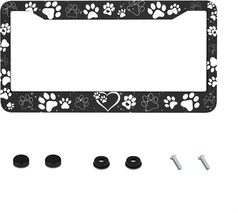 Paw Print License Plate Frame - Personalized Black White Dog Paw License Plate Holder Aluminum Metal Car Tag Cover with 2 Holes Decorative for US Vehicle Standard for Women Men 1 Pack in Saudi Arabia