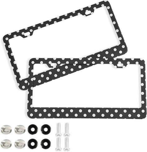 Black and White Polka Dot License Plate Frame 2 Pack, Universal Aluminum Car Tag Holder with Screws, Rustproof Decorative Front Rear Plates for US Vehicles, Round Hole in Saudi Arabia