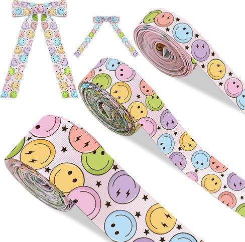 jarthenaamcs 3 لفات الرجعية رائع grosgrain الشريط الملونة ابتسامة الوجه بوهو شرائط النسيج الشريط للعودة إلى المدرسة الفصول الدراسية عيد ميلاد إكليل القوس الحرفية صنع التفاف الحرف اليدوية، 15 ياردة in Kuwait