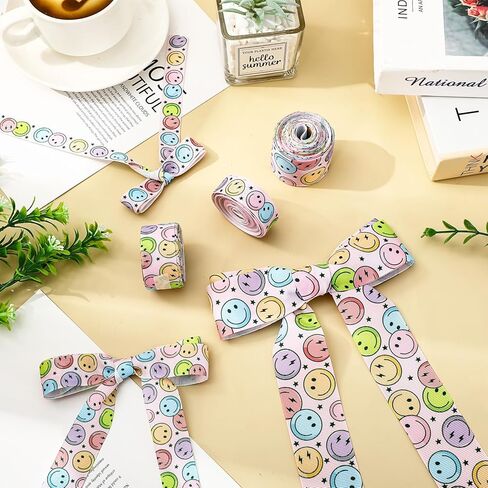jarthenaamcs 3 لفات الرجعية رائع grosgrain الشريط الملونة ابتسامة الوجه بوهو شرائط النسيج الشريط للعودة إلى المدرسة الفصول الدراسية عيد ميلاد إكليل القوس الحرفية صنع التفاف الحرف اليدوية، 15 ياردة in Kuwait