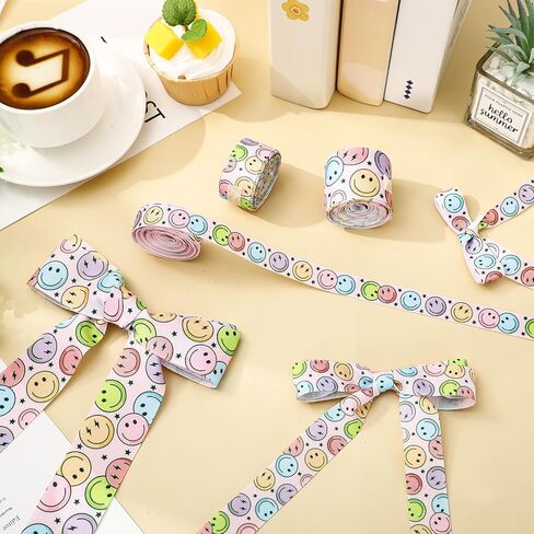 jarthenaamcs 3 لفات الرجعية رائع grosgrain الشريط الملونة ابتسامة الوجه بوهو شرائط النسيج الشريط للعودة إلى المدرسة الفصول الدراسية عيد ميلاد إكليل القوس الحرفية صنع التفاف الحرف اليدوية، 15 ياردة in Kuwait
