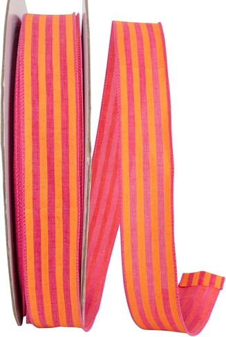 حافة سلكية ذات قيمة عريضة من الكتان المخطط من Reliant Ribbon، برتقالي/فوشيا، 1-1/2 بوصة، 50 ياردة in Kuwait