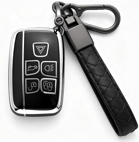 غطاء مفتاح Land Rover Key Fob 5 أزرار ناعم من مادة TPU مع سلسلة مفاتيح حماية كاملة حافظة مفاتيح تناسب سيارة Range Rover Evouge Sport Velar Discovery LR2 LR4، لملحقات Jaguar XE XF XJ XJL، رمادي in Kuwait